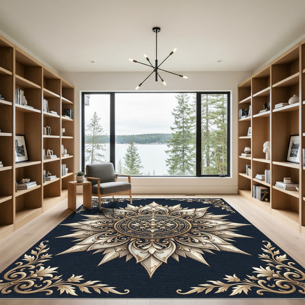 Elegant Gold Navy Ornate Floral Medallion Rug