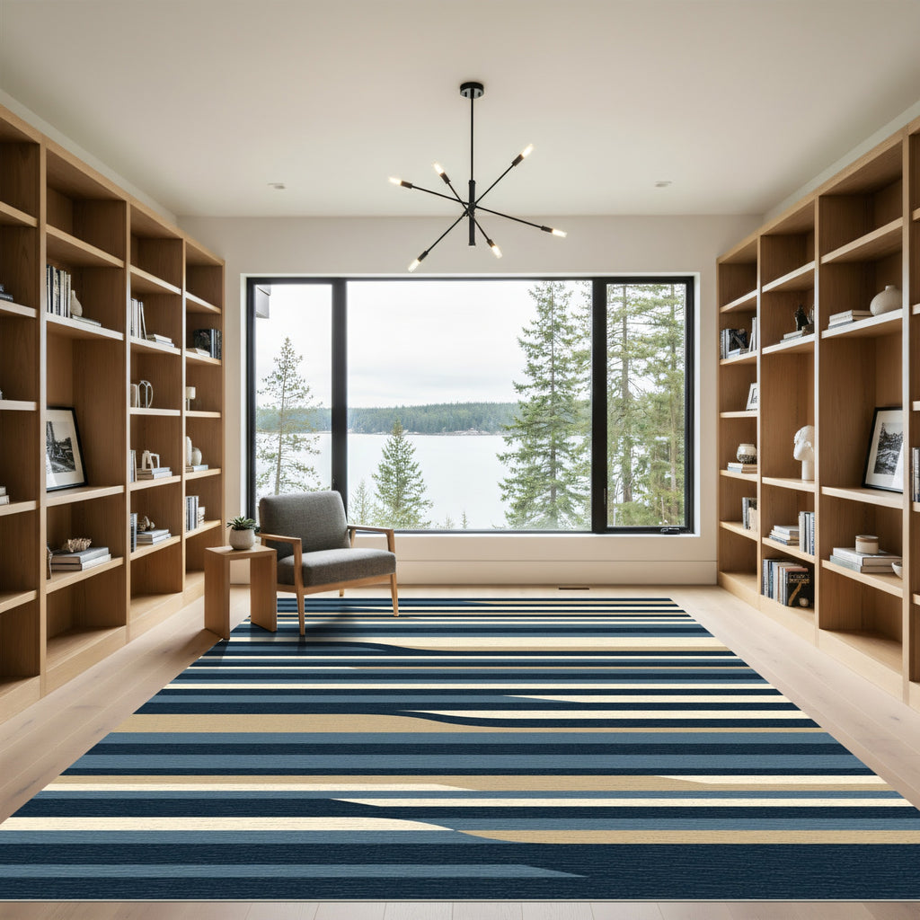Modern Navy Beige Wave Stripes Rug