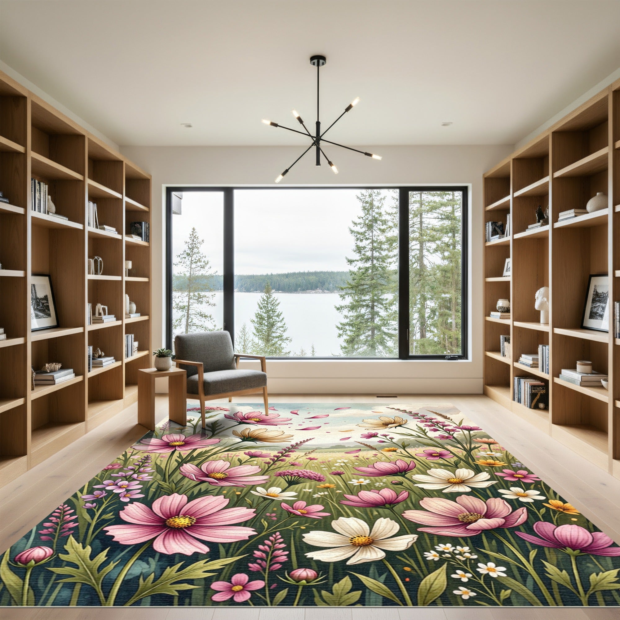 Watercolor Meadow Cosmos Floral Field Rug