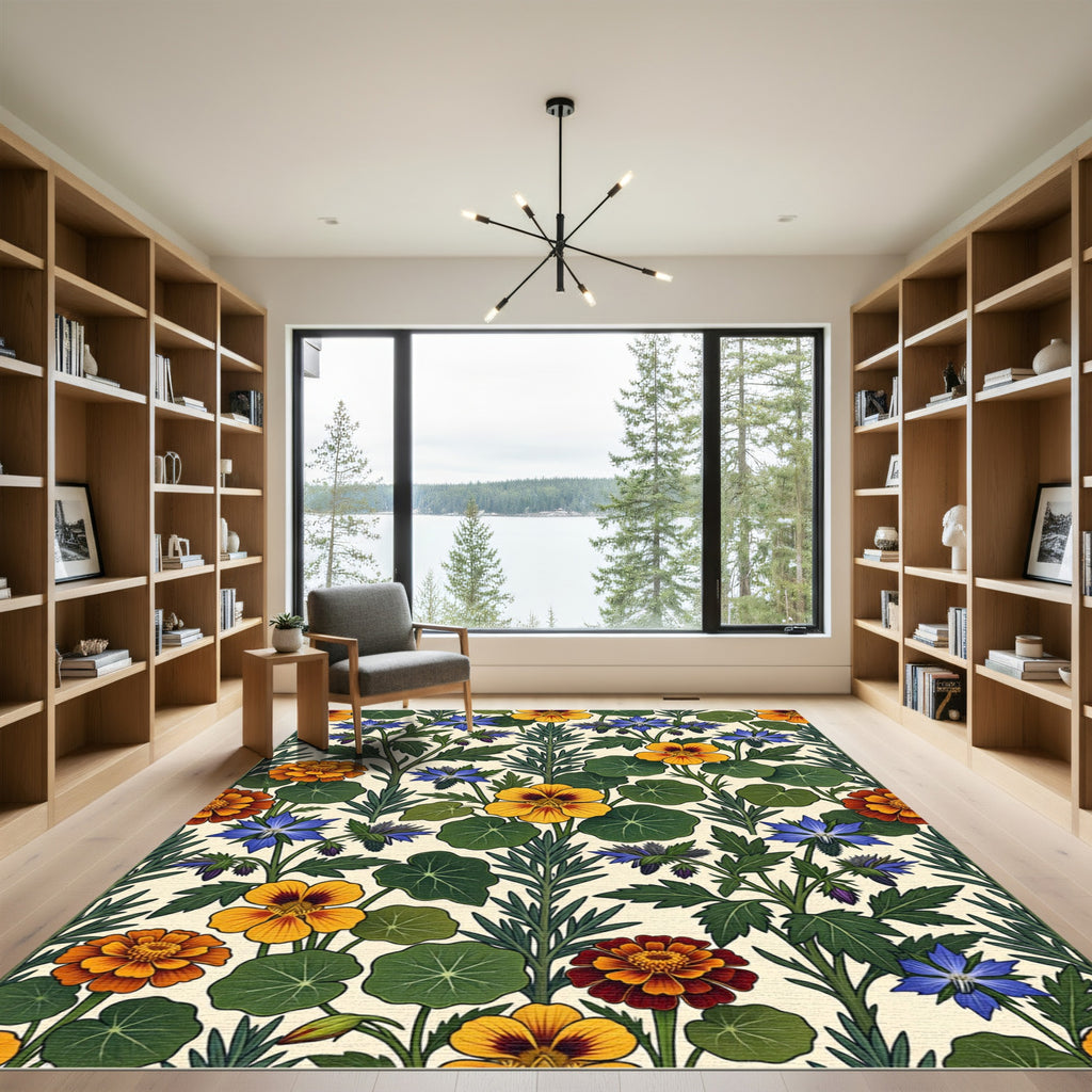 Golden Yellow Red Blue Floral Botanical Rug