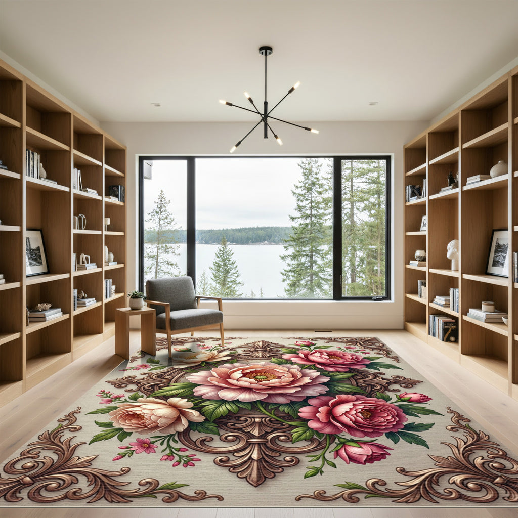 Vintage Pink Peony Scrollwork Rug