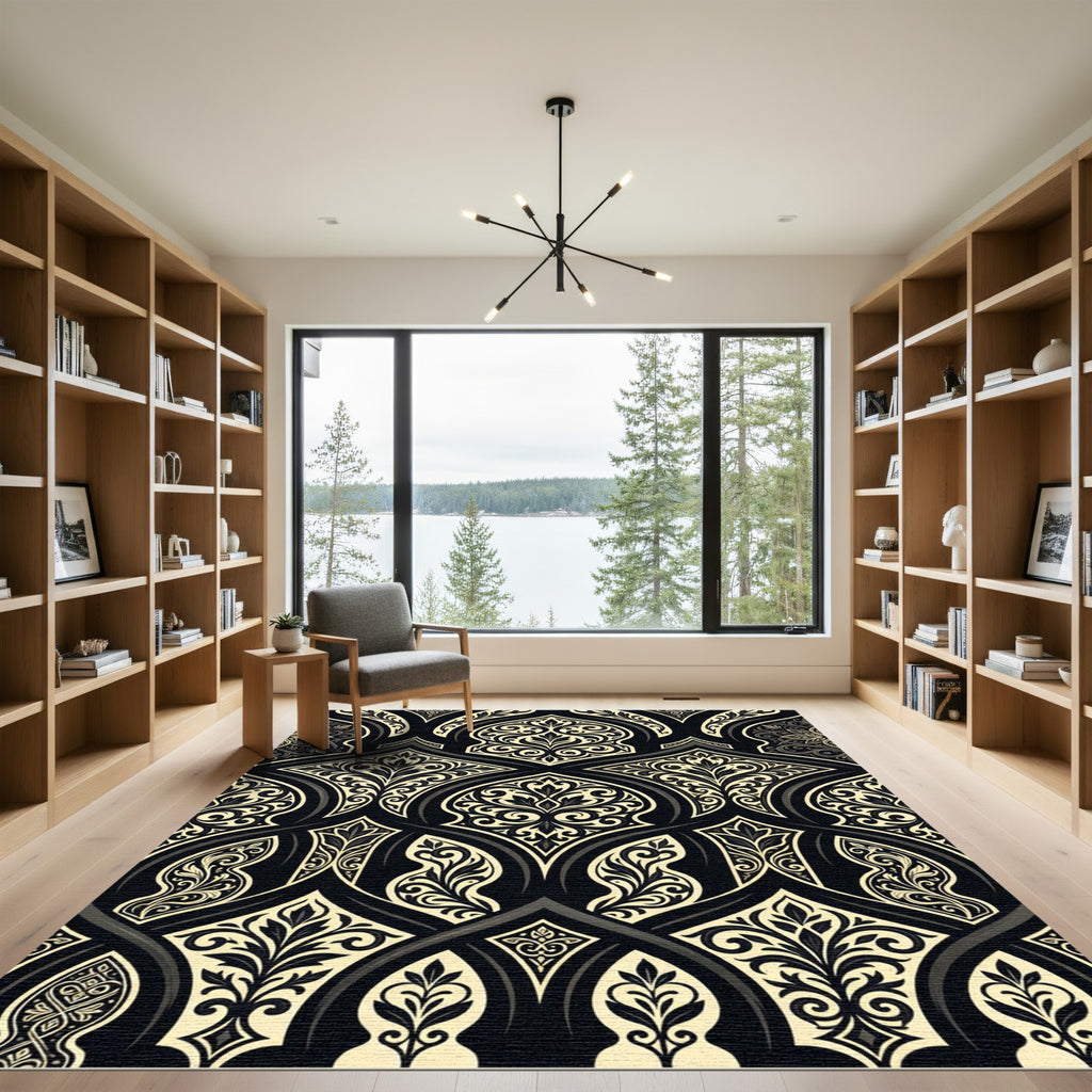 Elegant Black and Cream Damask Scroll Rug