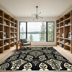 Elegant Black and Cream Damask Scroll Rug