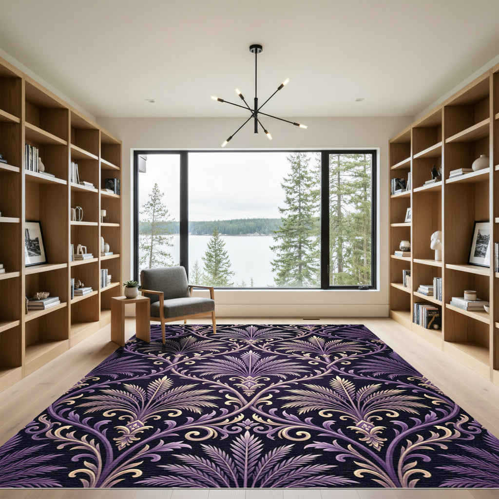 Purple Ornate Botanical Damask Scroll Rug