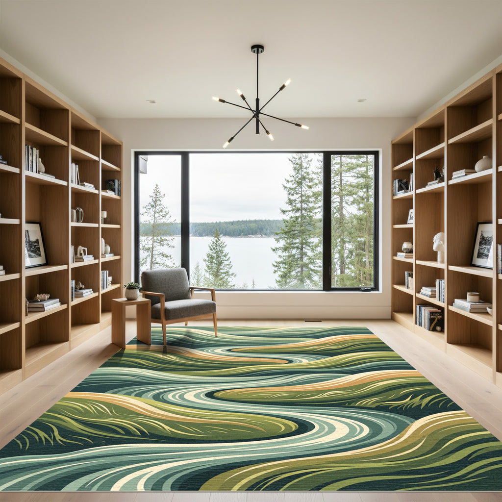 Flowing Sage and Ochre Wavy Landscape Rug