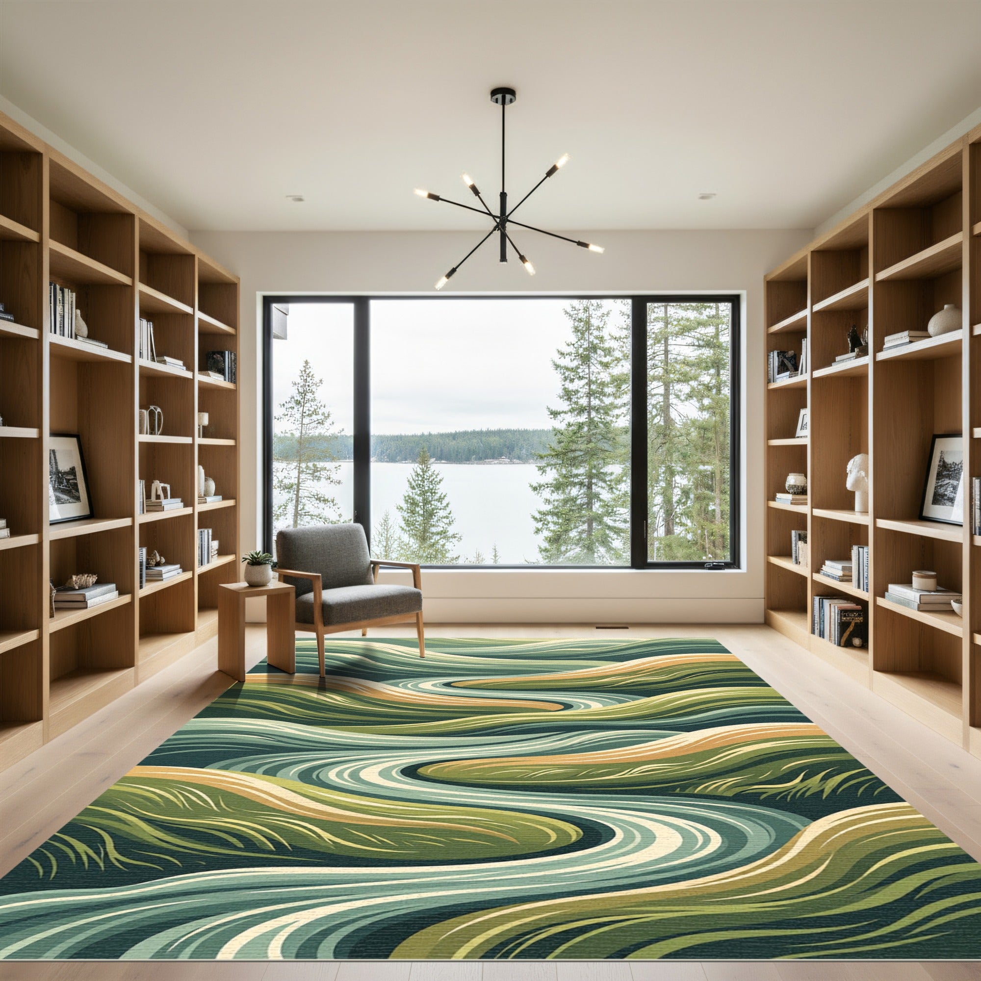 Flowing Sage and Ochre Wavy Landscape Rug