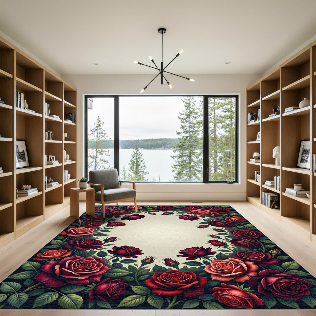 Romantic Crimson Rose Floral Bouquet Rug