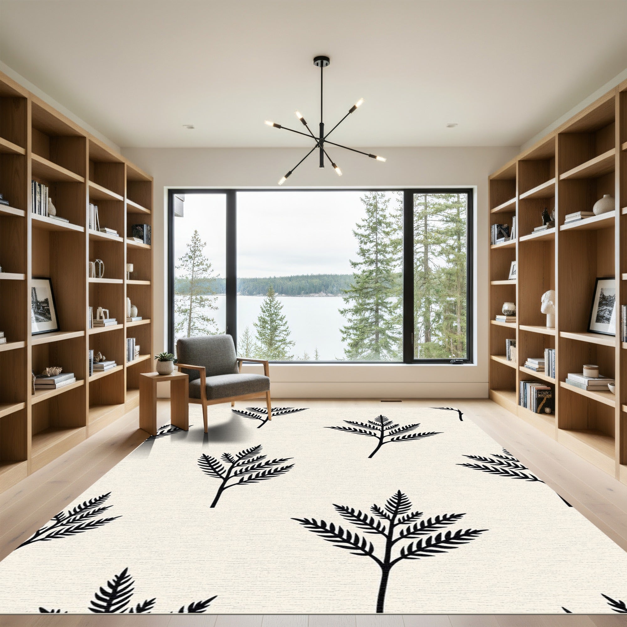 Black Fern Branches Neutral Ground Rug