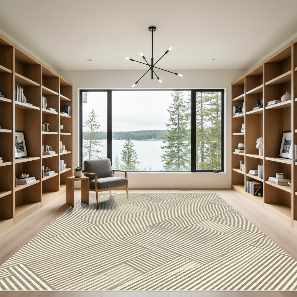 Neutral Beige Linear Chevron Stripe Rug