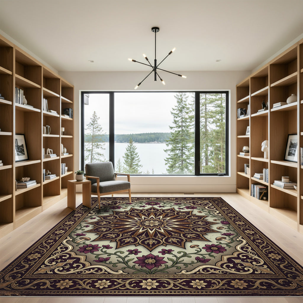 Elegant Plum Floral Gold Medallion Art Rug