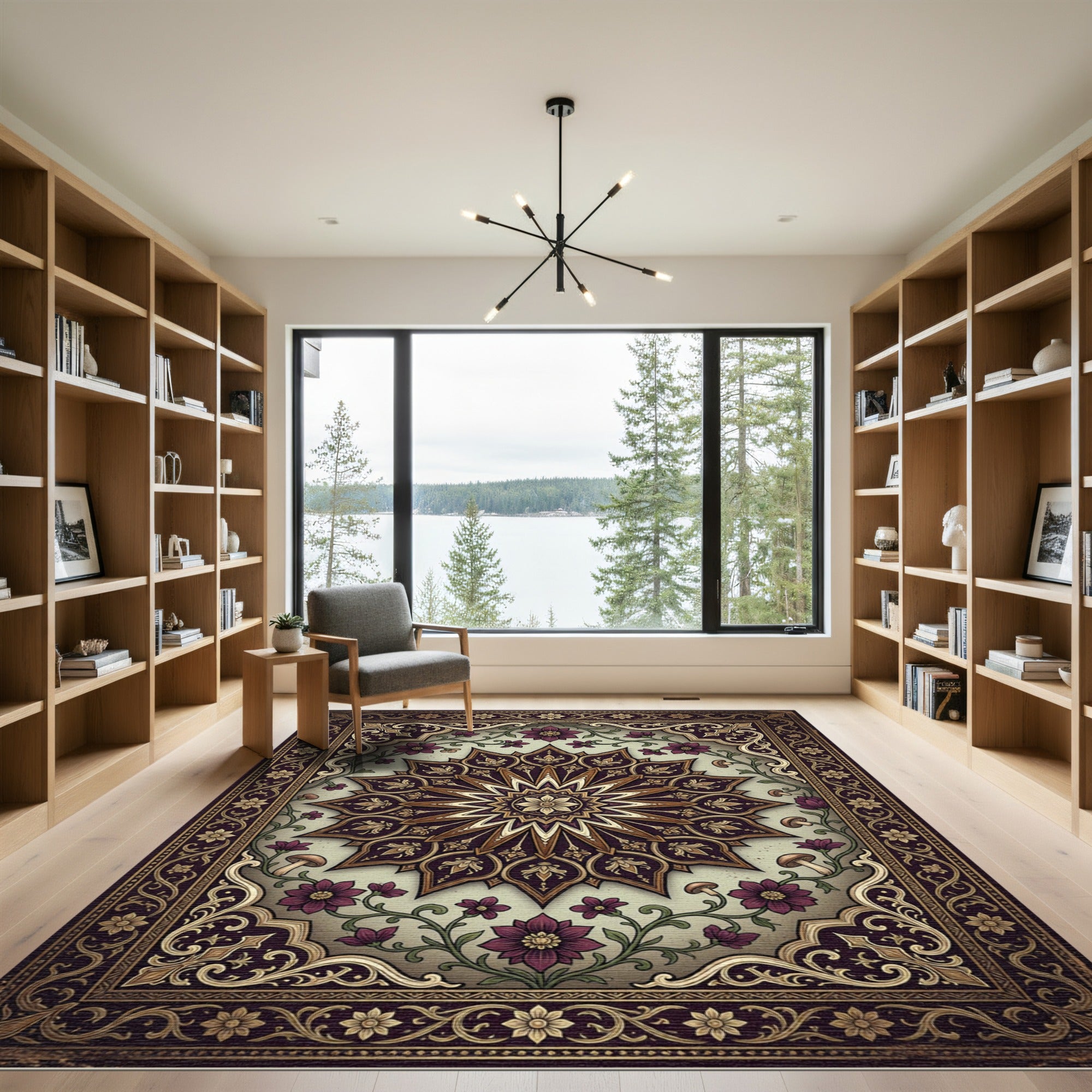 Elegant Plum Floral Gold Medallion Art Rug