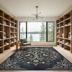 Elegant Charcoal Silver Crested Bird Tree Rug