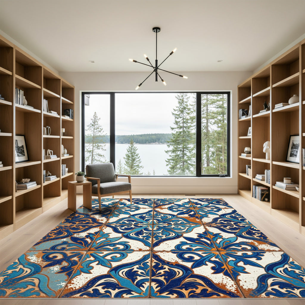 Blue White Orange Floral Arabesque Rug