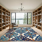 Blue White Orange Floral Arabesque Rug