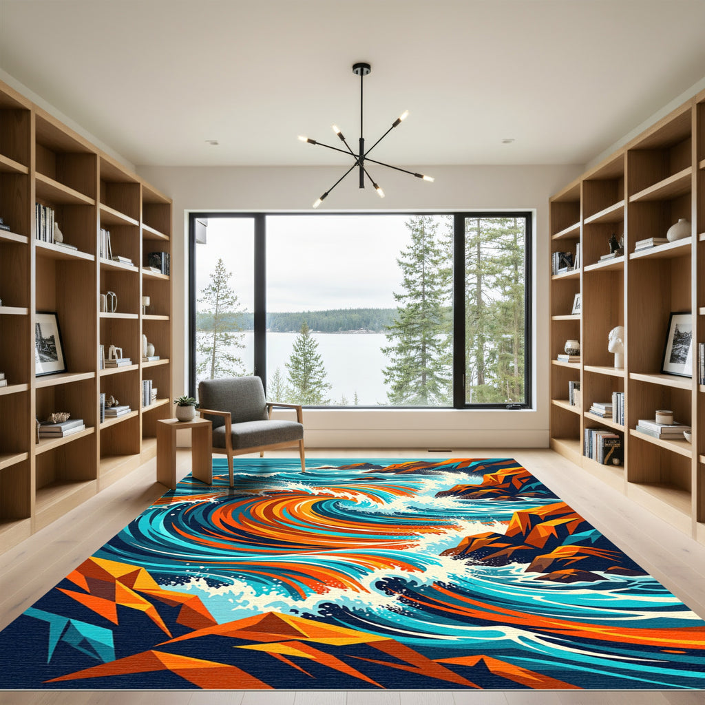 Abstract Vibrant Orange Blue Coastal Wave Rug