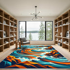 Abstract Vibrant Orange Blue Coastal Wave Rug