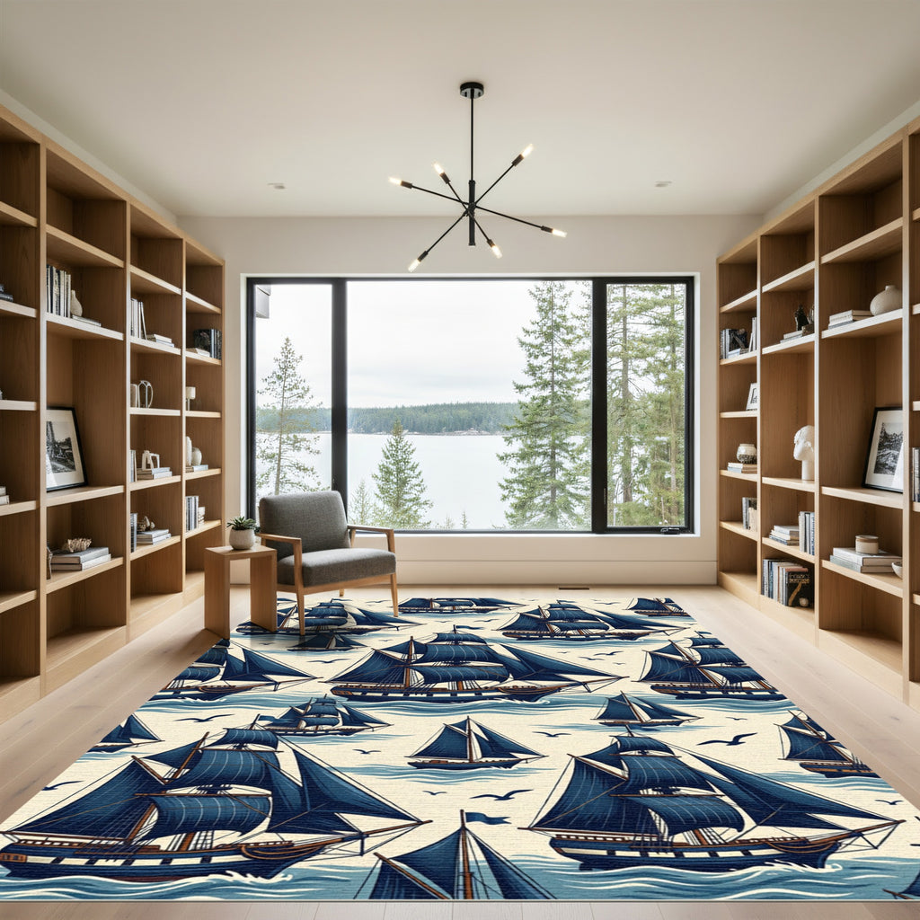 Classic Blue Sailboat Nautical Voyage Rug