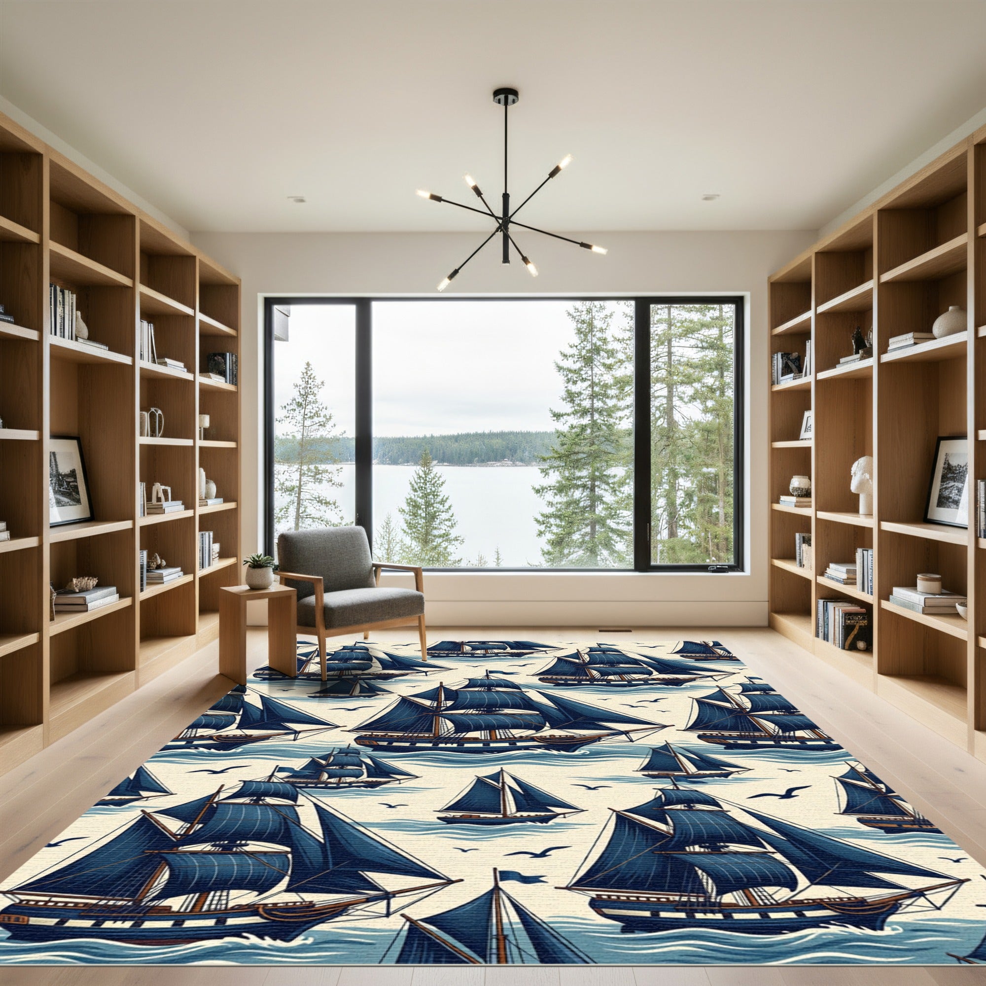 Classic Blue Sailboat Nautical Voyage Rug