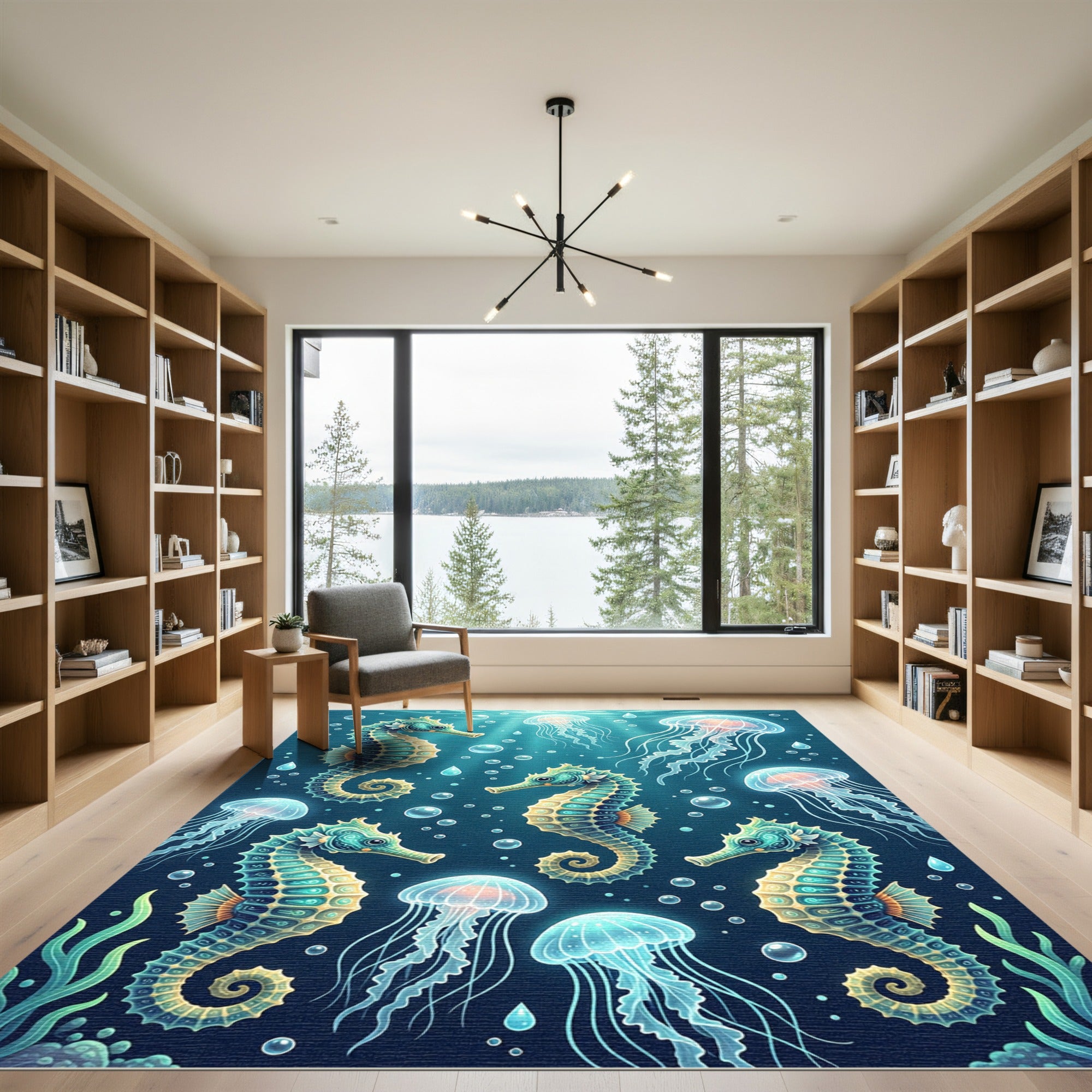 Aquatic Seahorse Jellyfish Swirls Rug