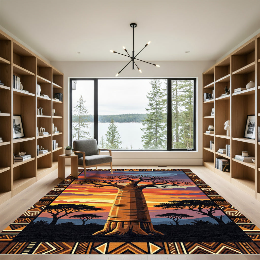 Sunset Baobab Tree African Geometric Border Rug