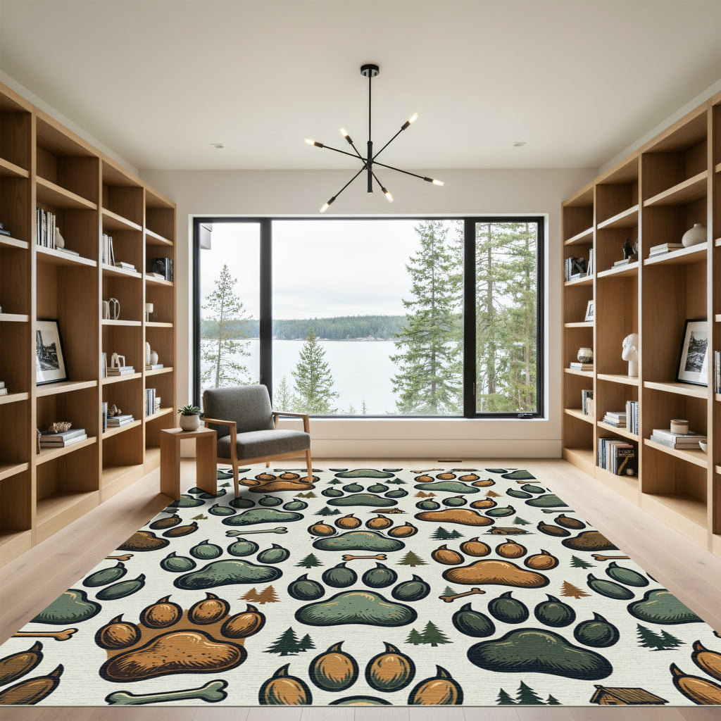 Woodland Bear Paw Cabin Forest Scene Rug