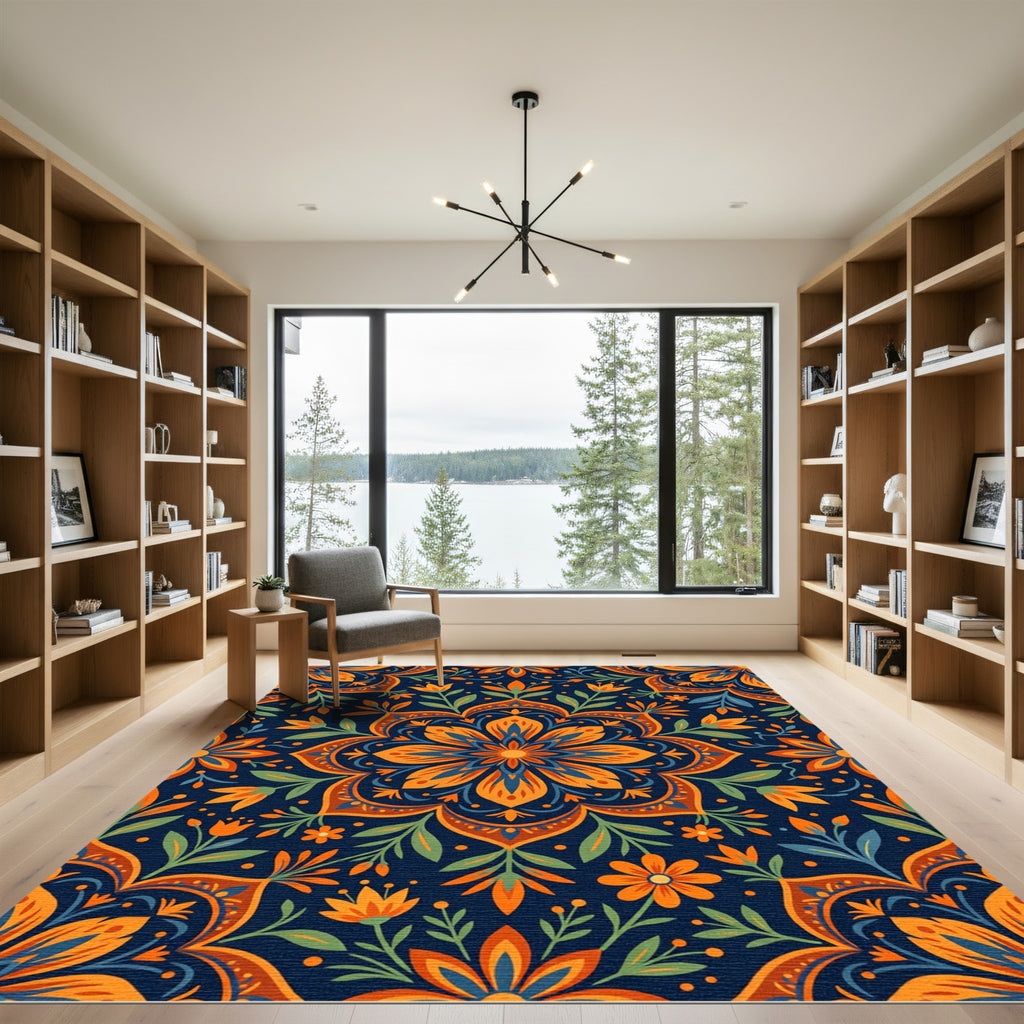 Vibrant Orange Blue Floral Mandala Rug