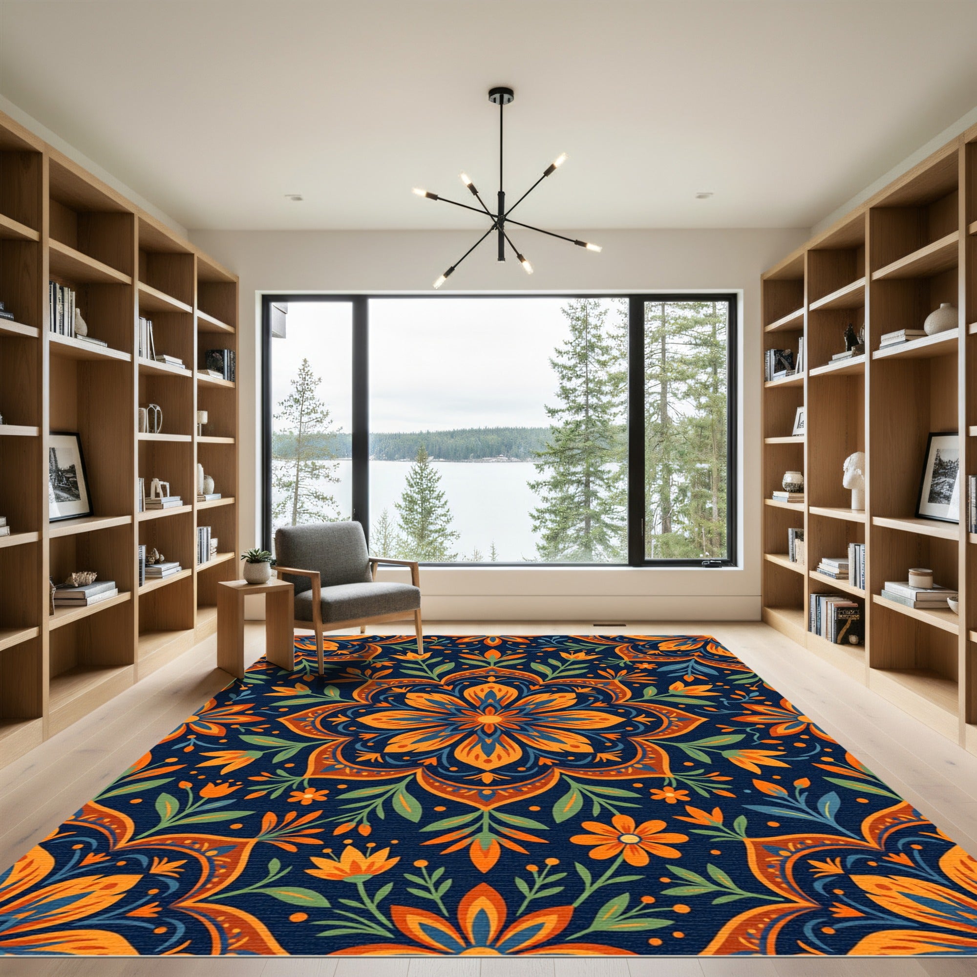 Vibrant Orange Blue Floral Mandala Rug