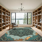 Elegant Teal Lotus Mandala Art Rug