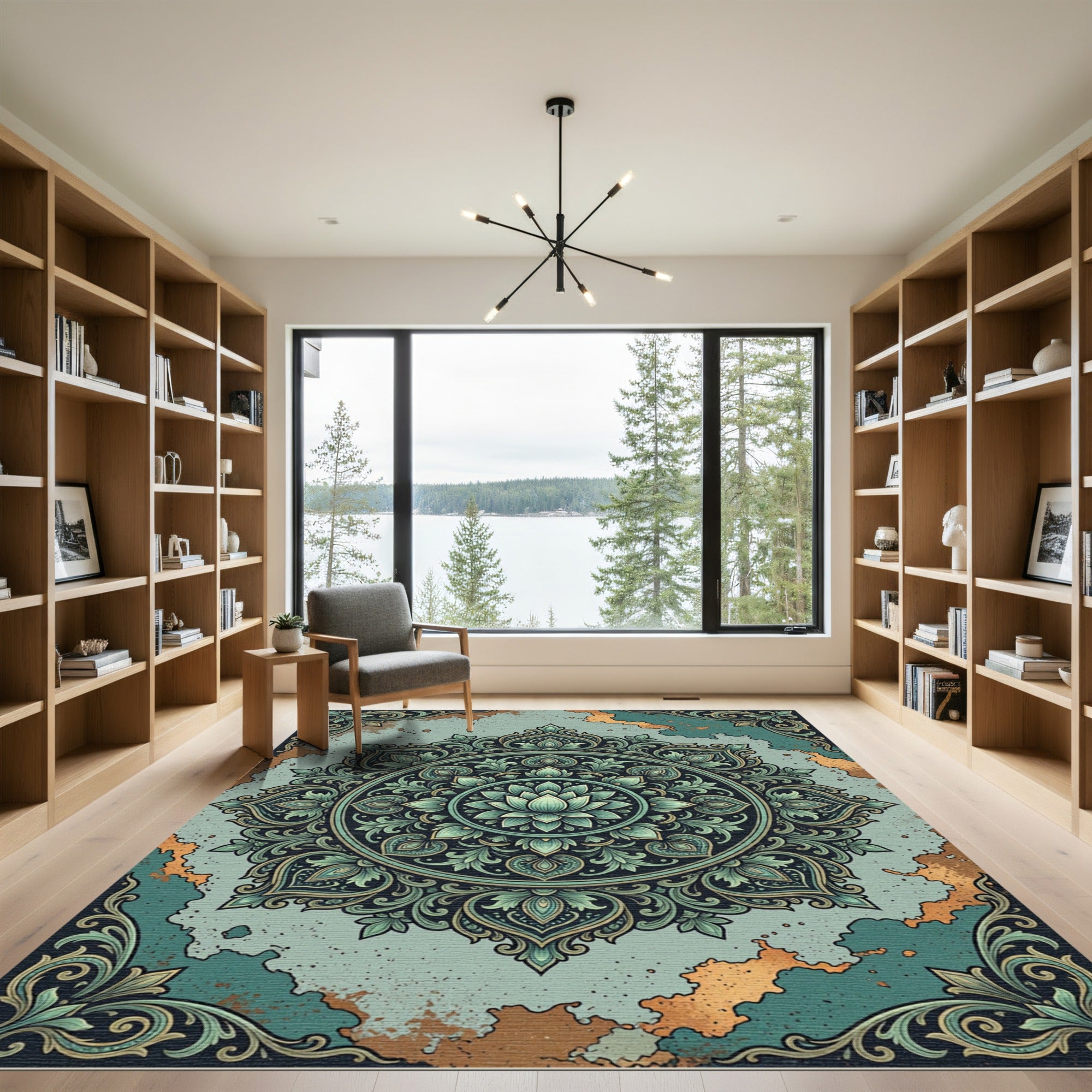 Elegant Teal Lotus Mandala Art Rug