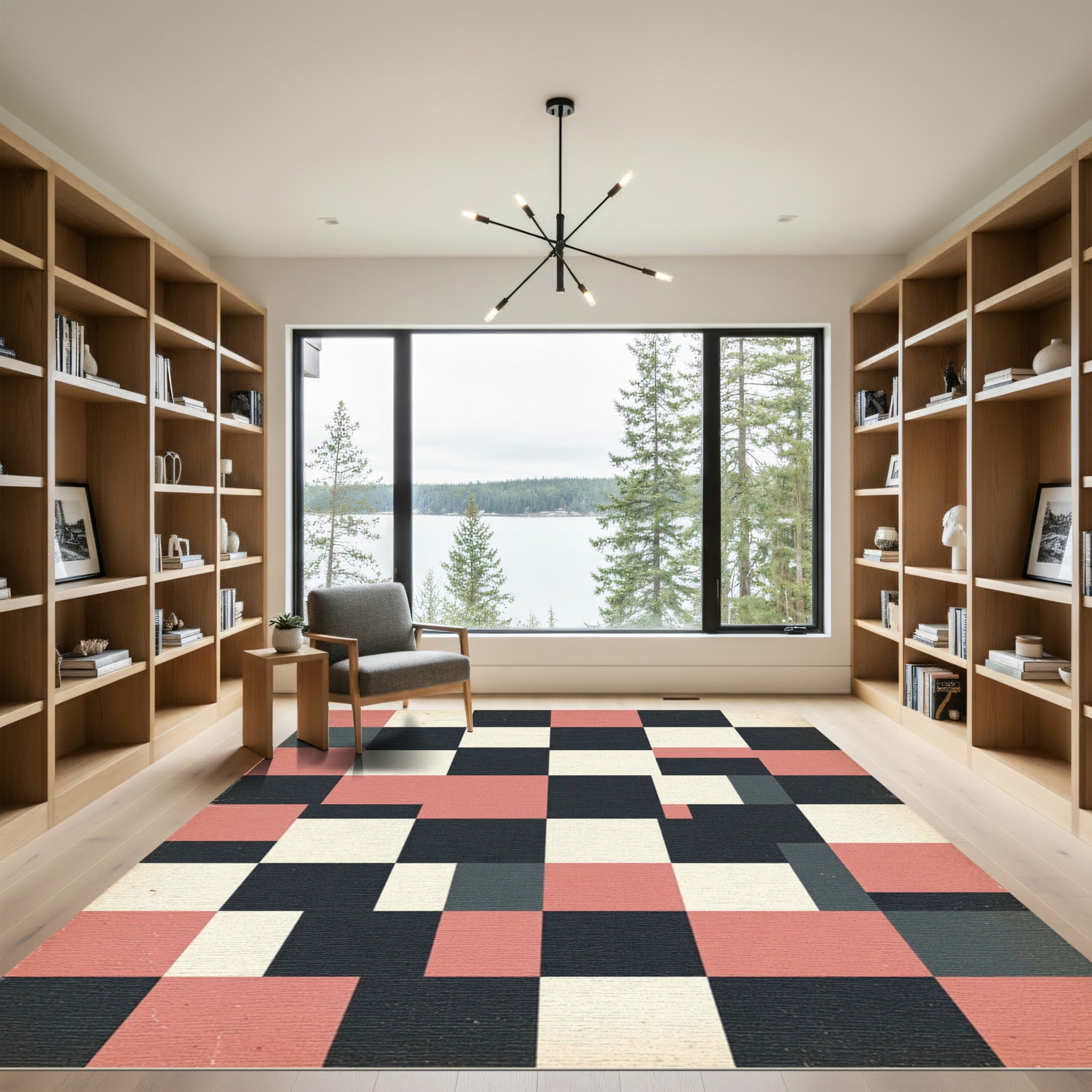 Modern Dusty Pink Charcoal Grid Rug
