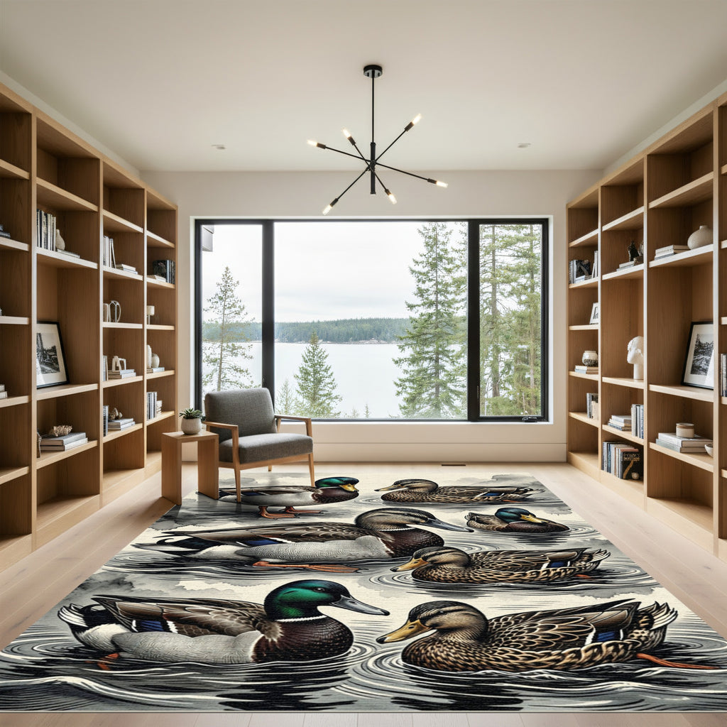 Placid Mallard Duck Pond Illustration Rug