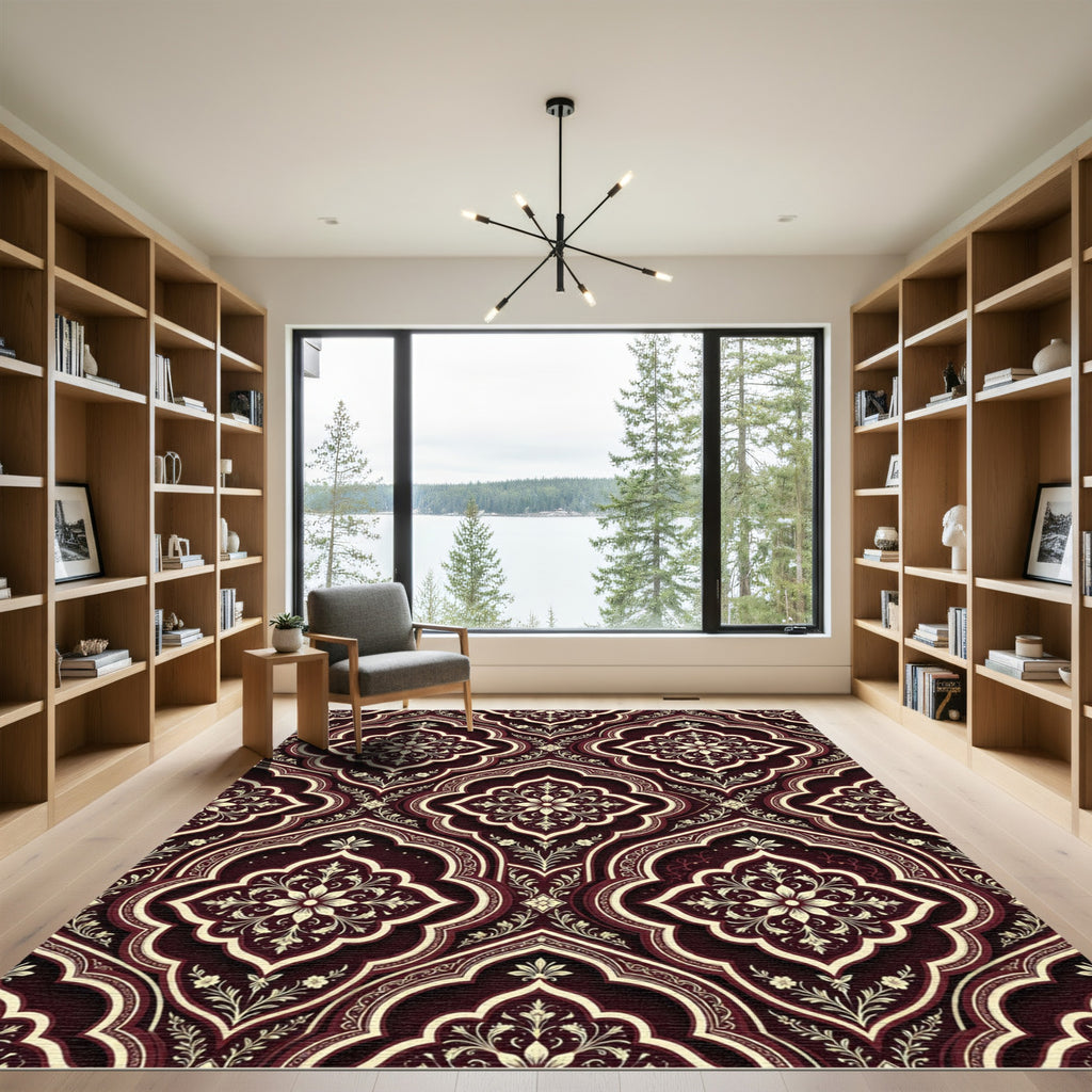 Crimson Floral Arabesque Damask Rug