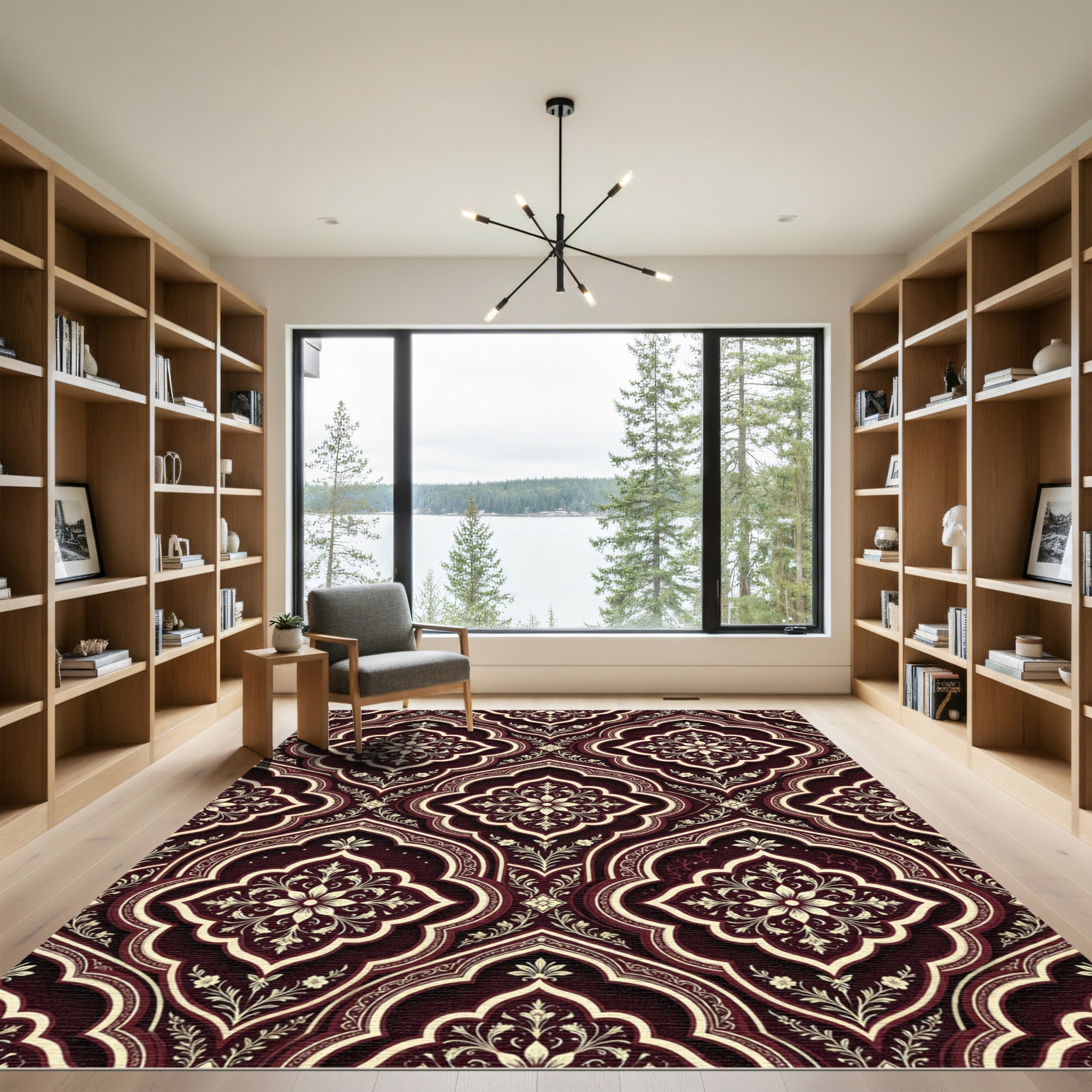 Crimson Floral Arabesque Damask Rug