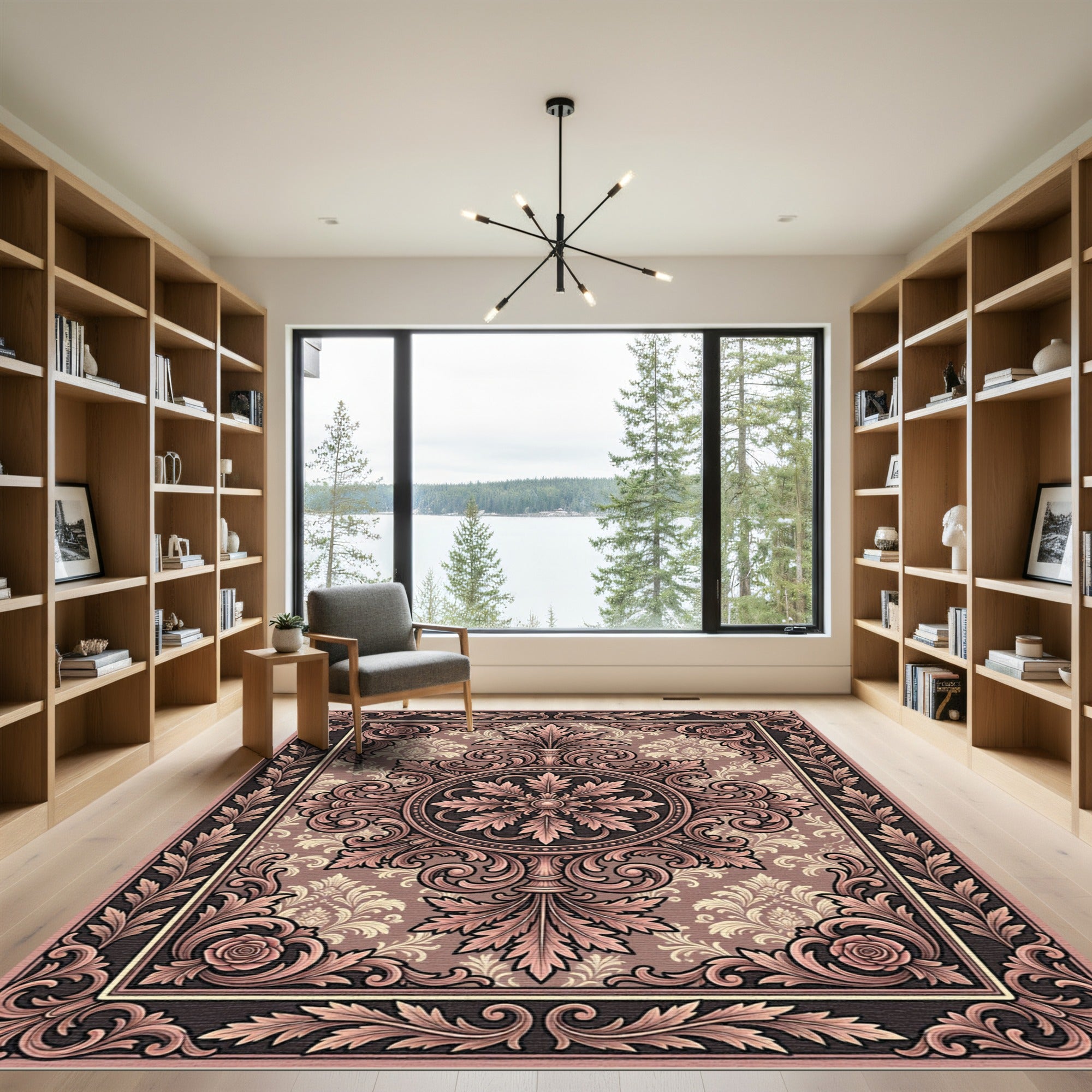 Ornate Mauve Damask Floral Medallion Rug