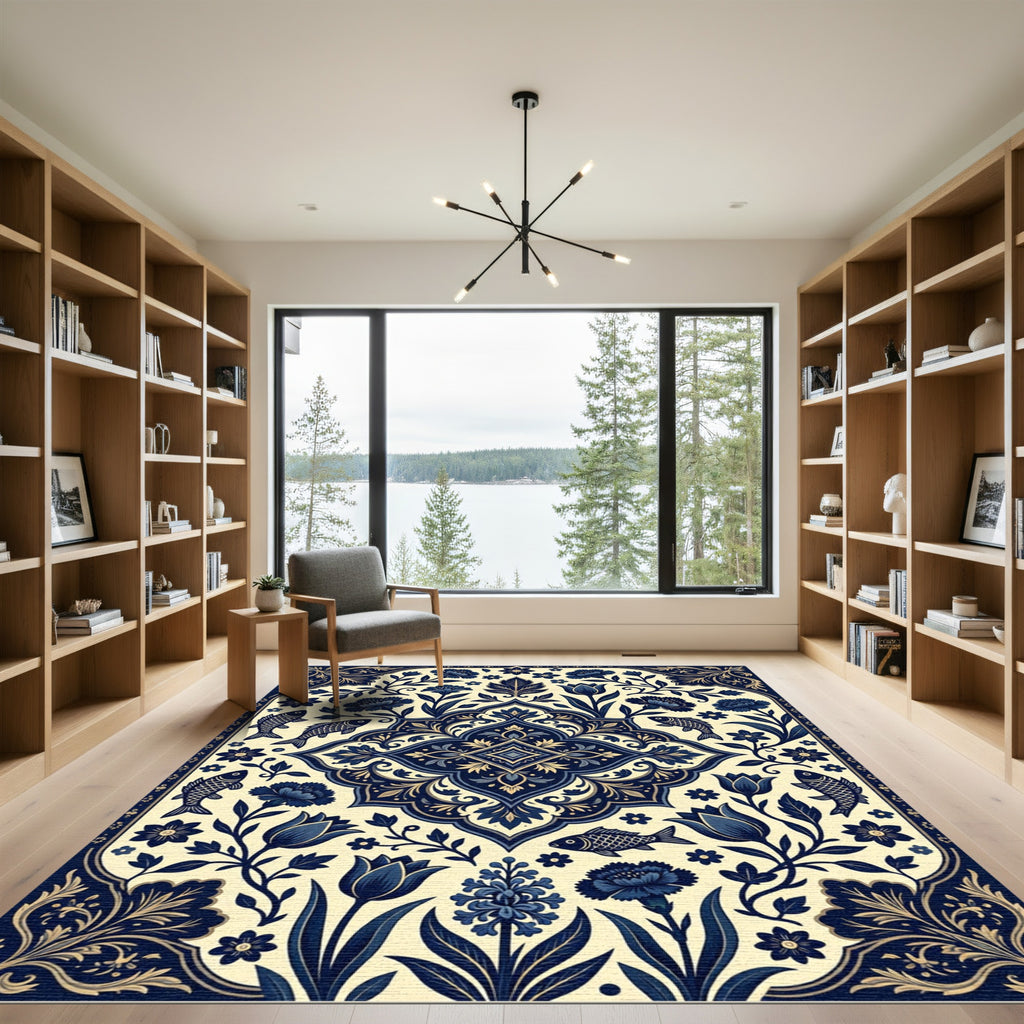 Indigo Floral Medallion with Swimming Fish Rug