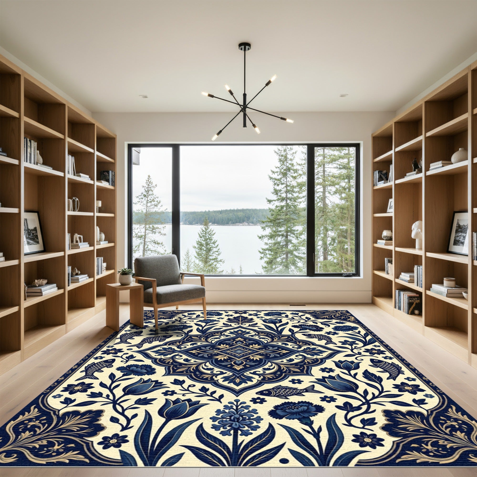 Indigo Floral Medallion with Swimming Fish Rug