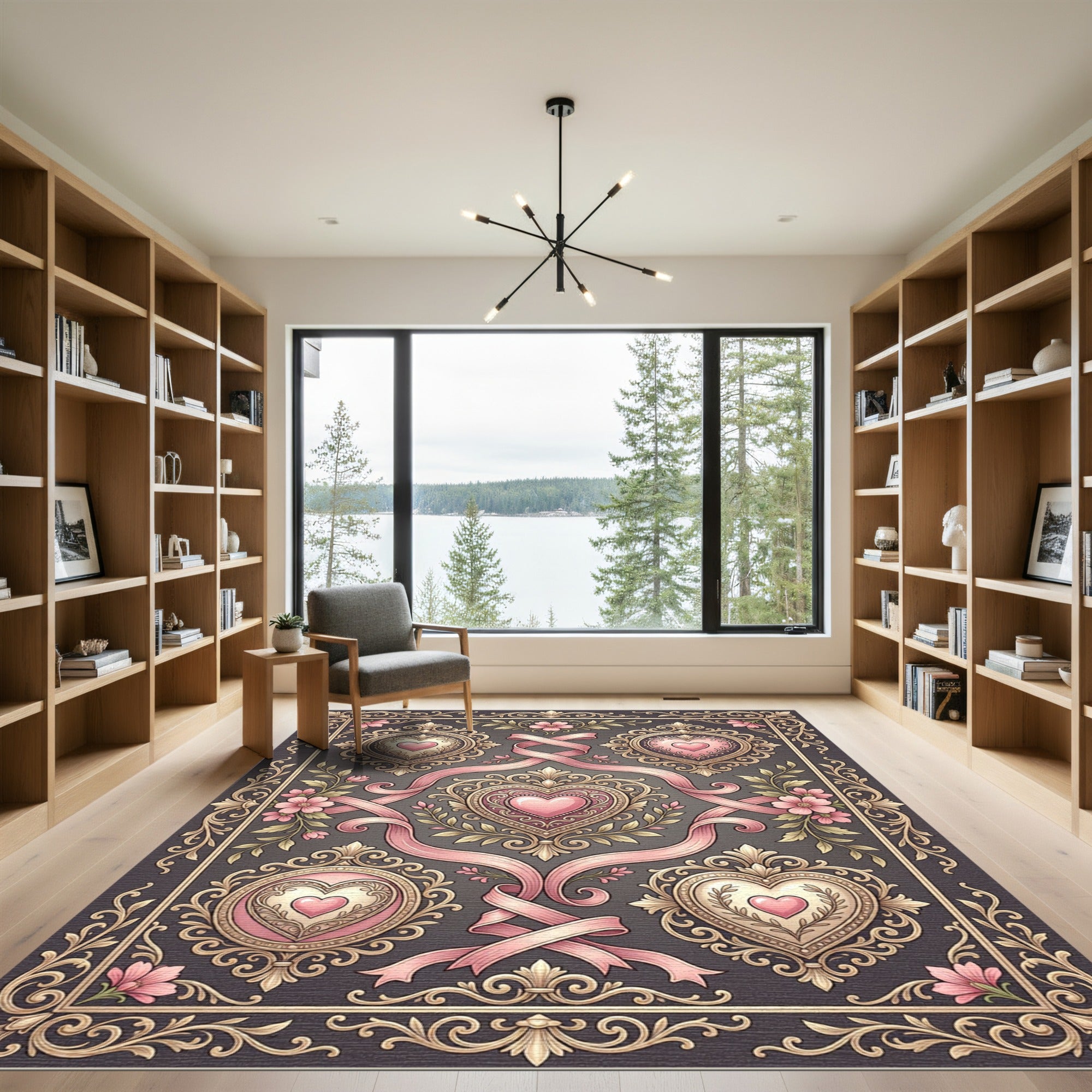 Ornate Pink Hearts Floral Border Rug