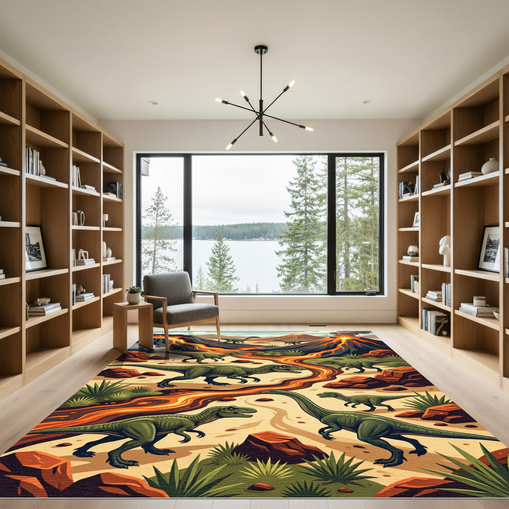 Prehistoric Volcanic Dinosaur Lava Landscape Scene Rug