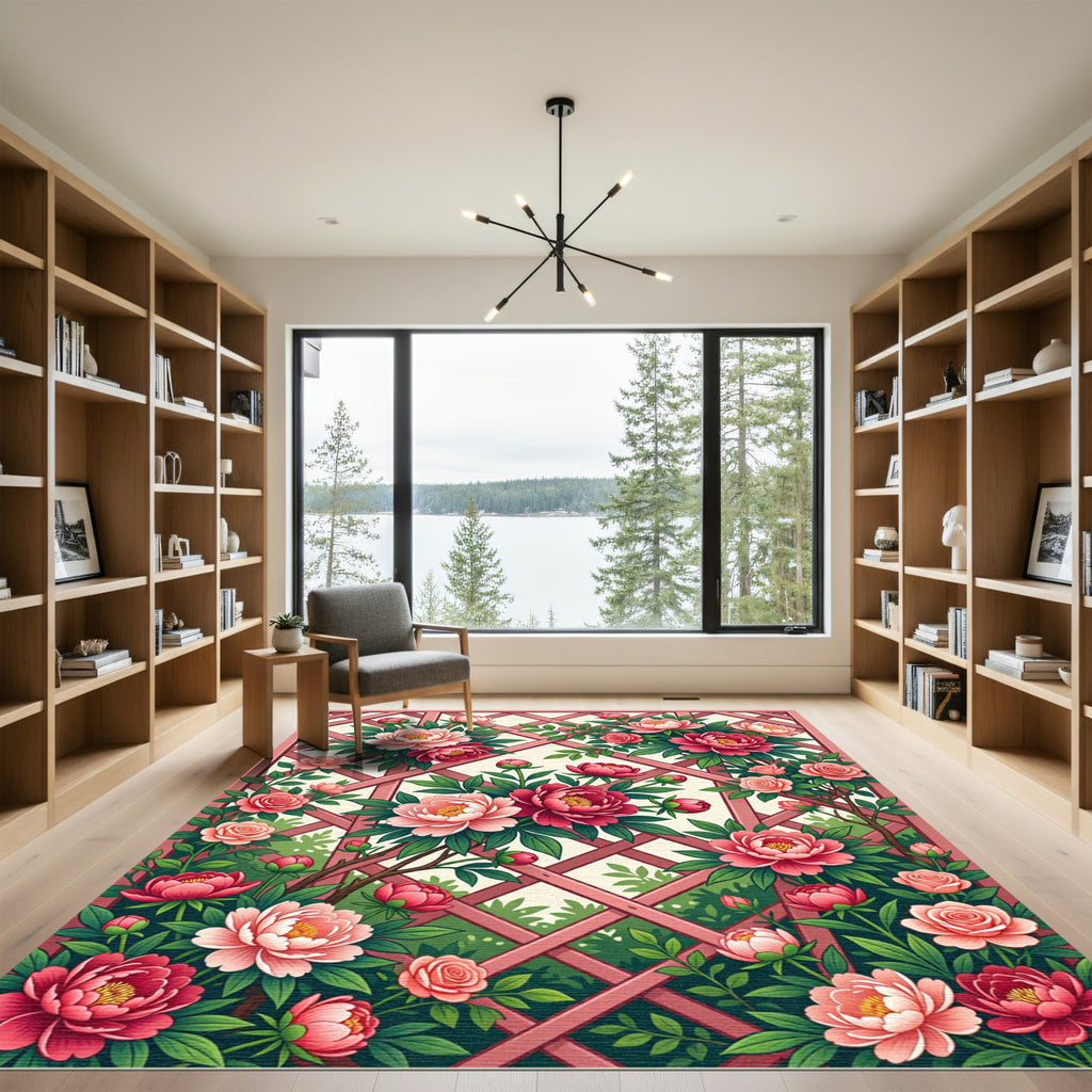 Crimson Pink Peony Trellis Garden Rug