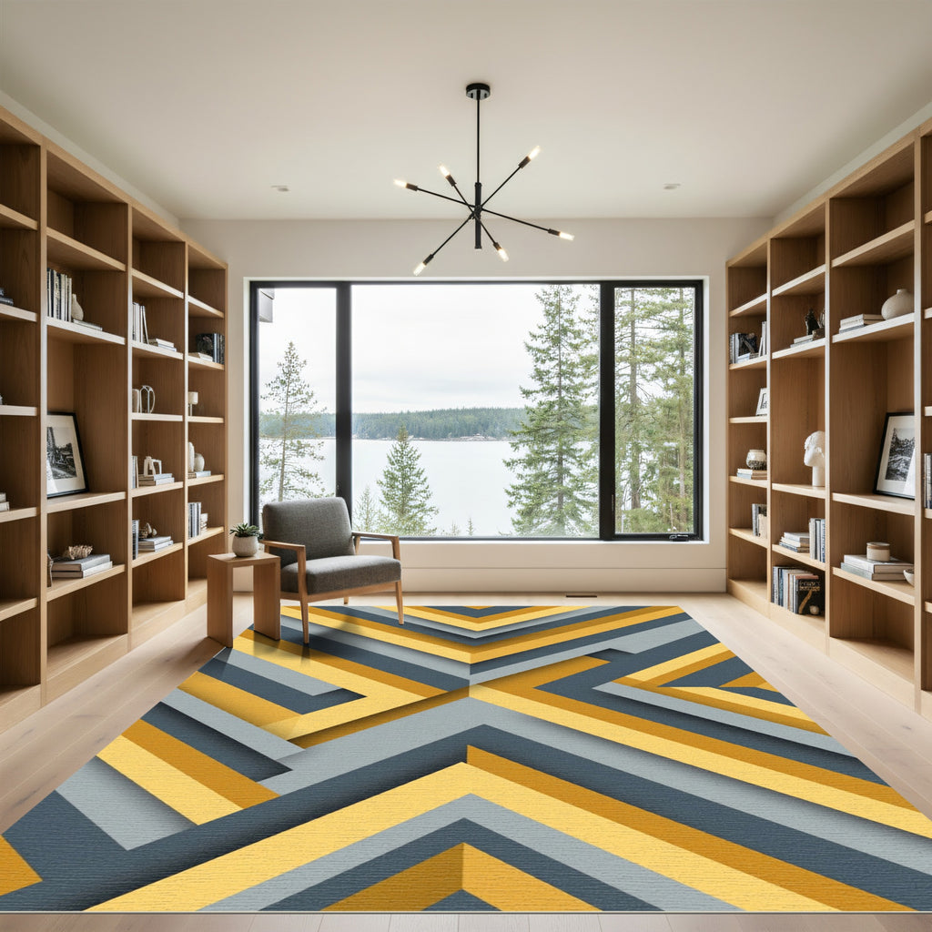 Modern Gray and Gold Geometric Chevron Rug