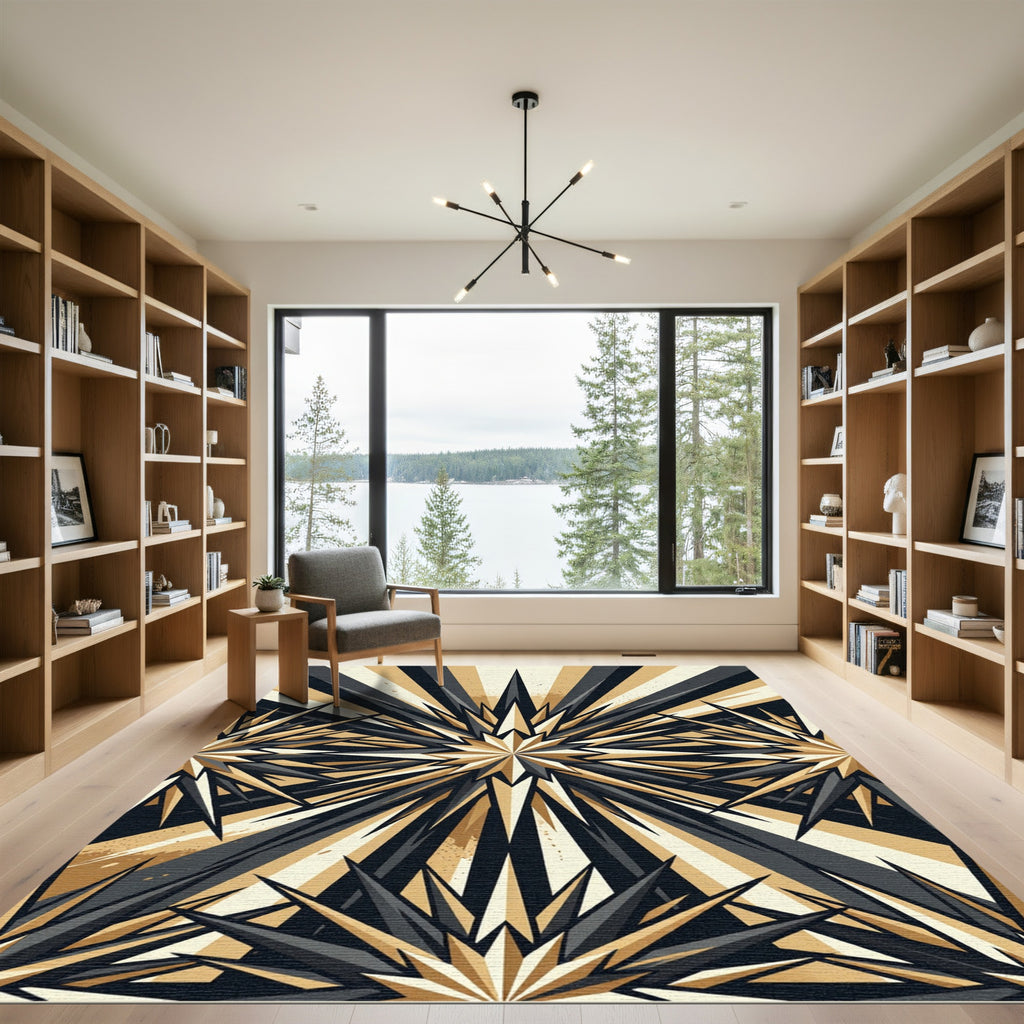 Modern Onyx and Gold Starburst Rug