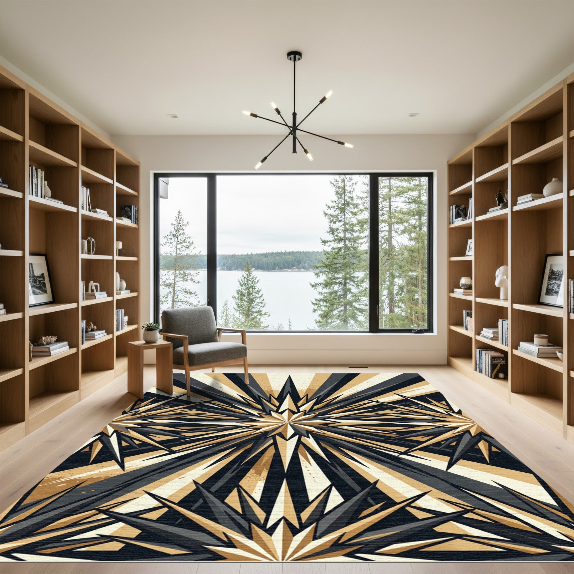 Modern Onyx and Gold Starburst Rug