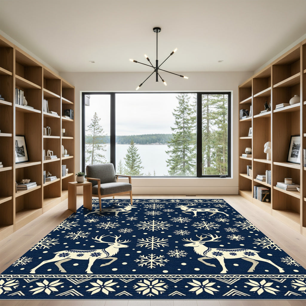 Navy Reindeer and Snowflake Winter Rug