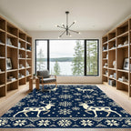 Navy Reindeer and Snowflake Winter Rug
