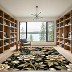Vintage Cream Peony Floral Black Rug