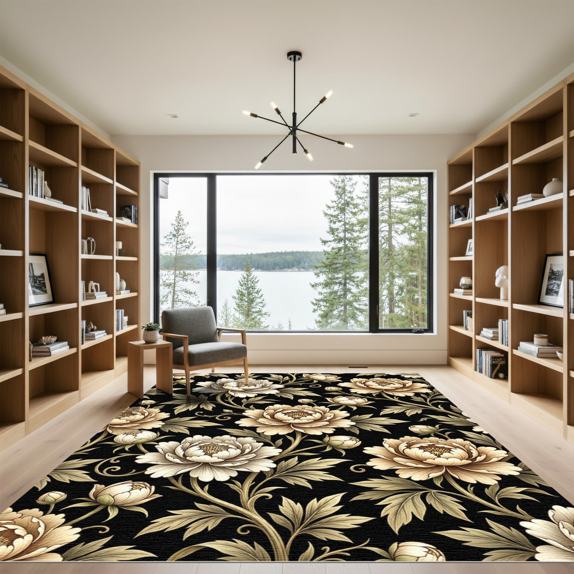 Vintage Cream Peony Floral Black Rug
