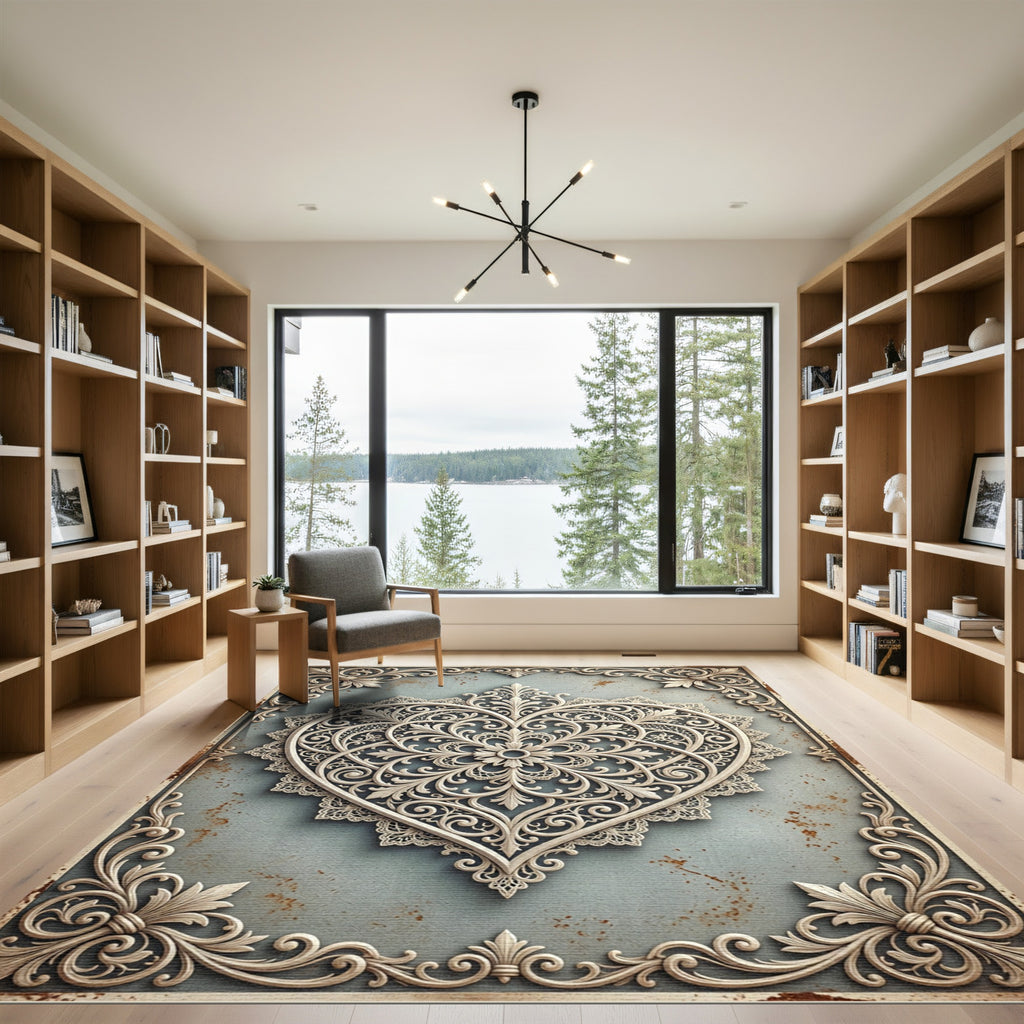 Ornate Filigree Heart Scrollwork Area Rug