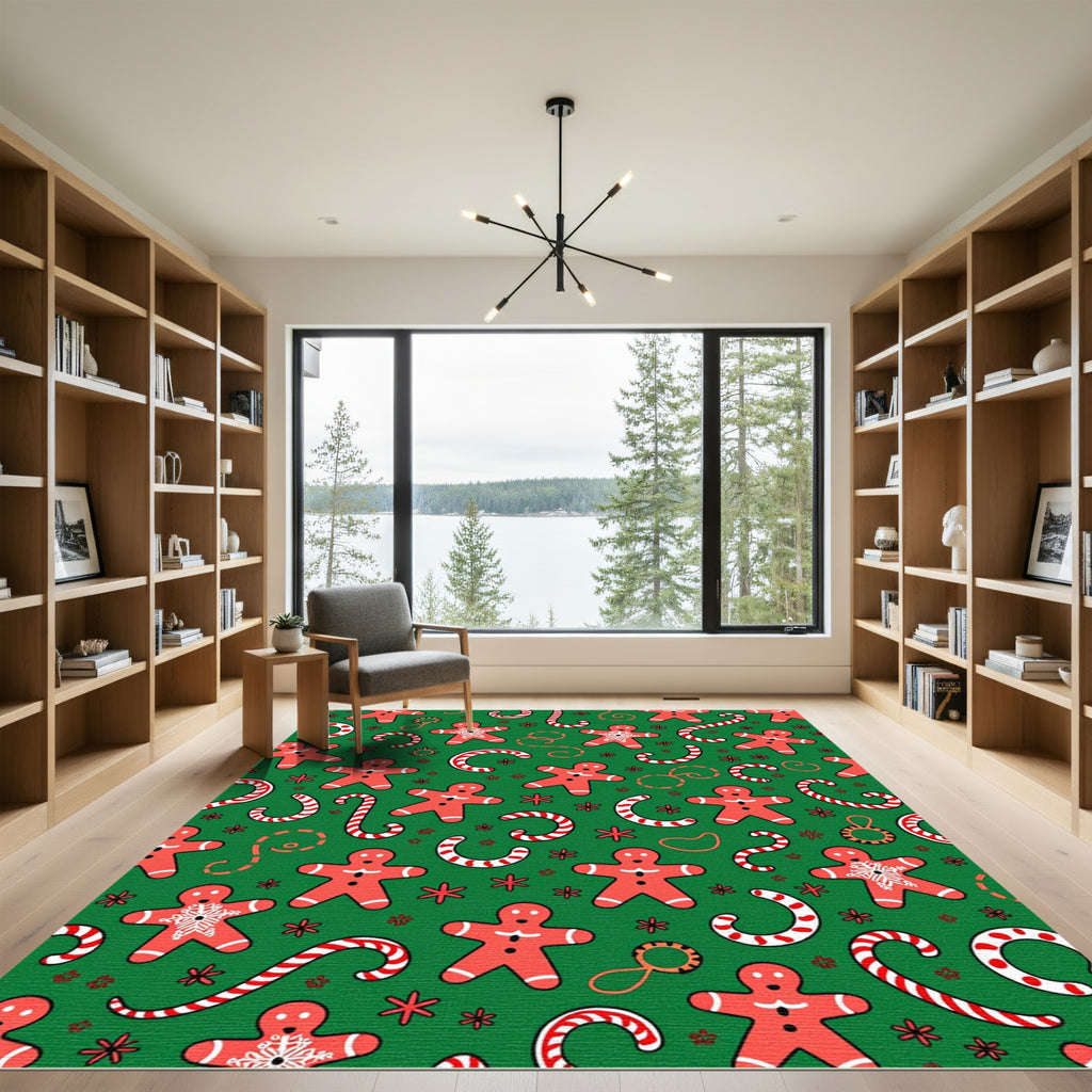 Red Gingerbread Candy Cane Snowflakes Rug
