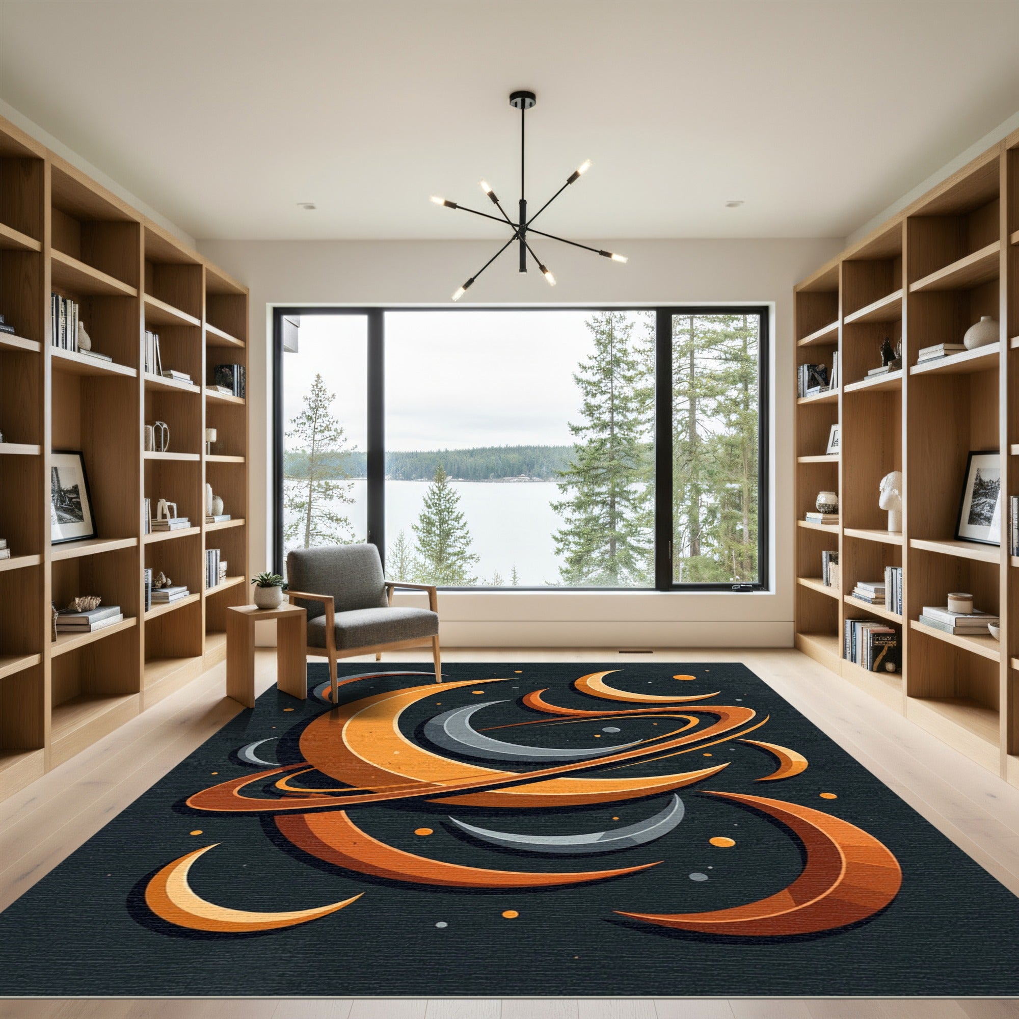 Cosmic Crescent Orbit Orange Grey Rug