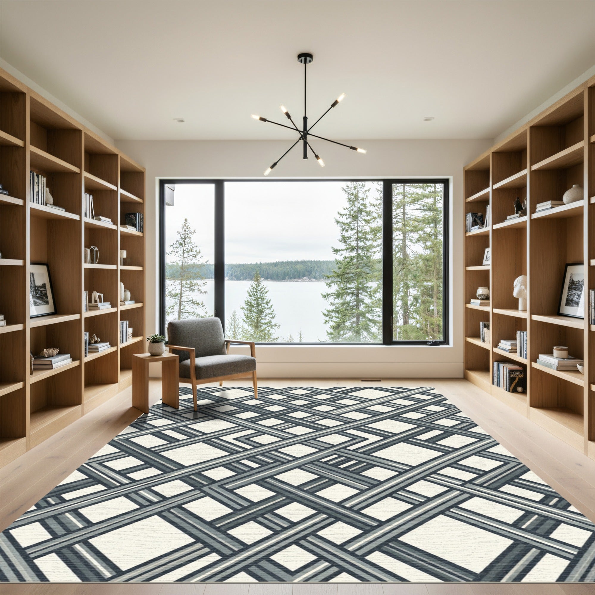 Monochromatic Gray Angular Interwoven Geometric Grid Rug
